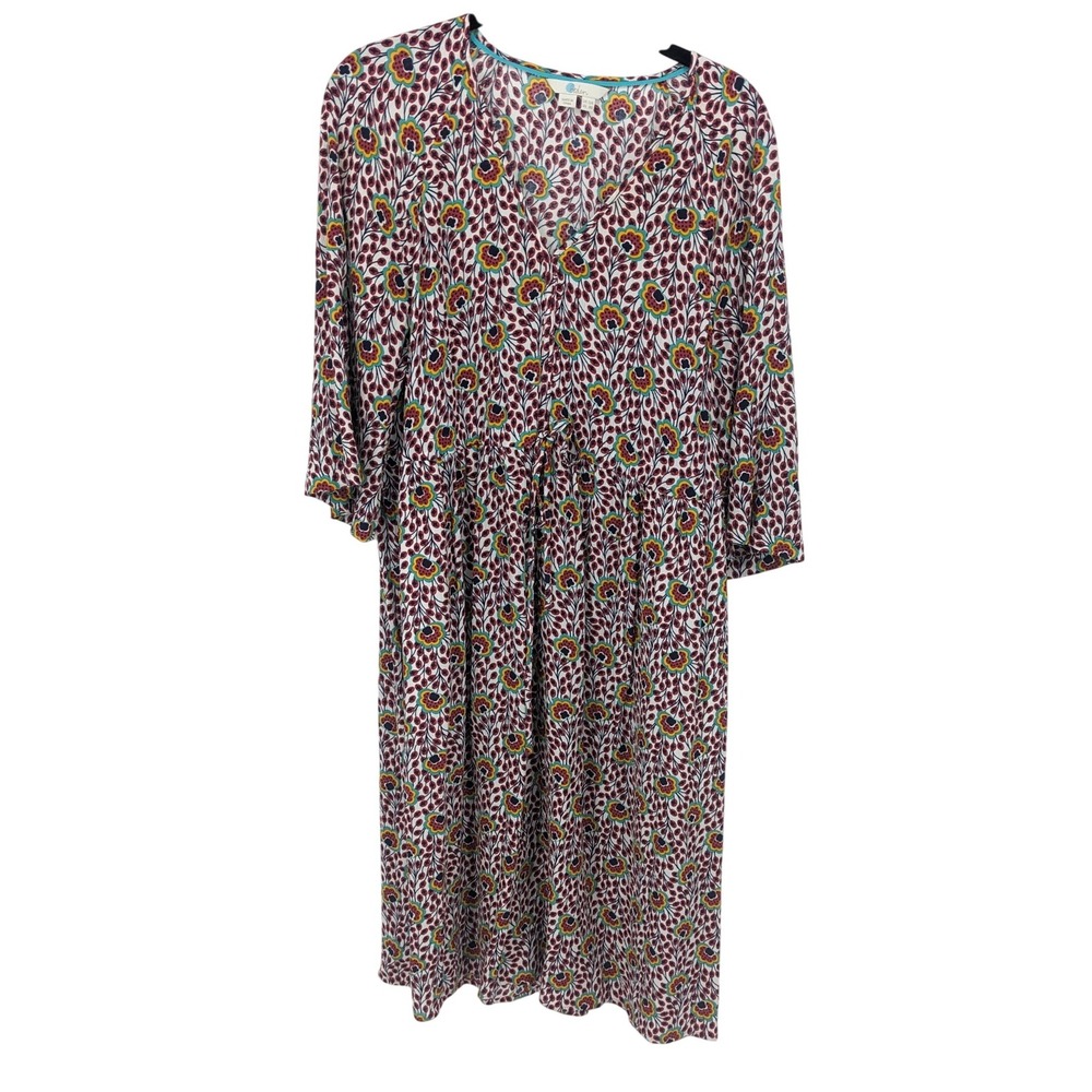 Boden Dress Women 8 Colorful Floral Midi 3/4 Sleeve Viscose Lightweight Comfort